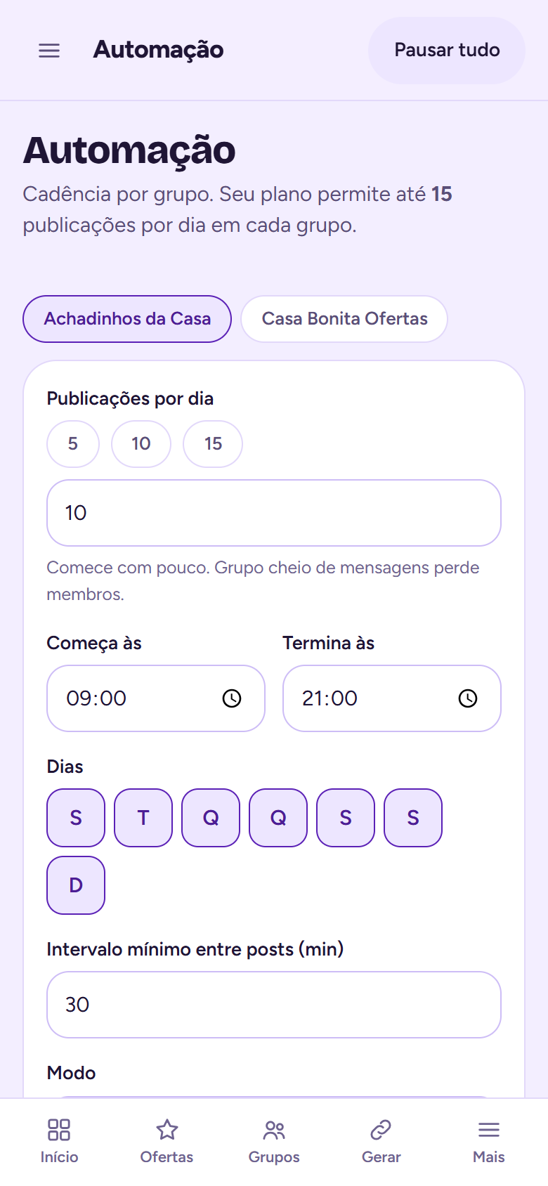Tela Horários com ritmos prontos, janela e dias da semana.