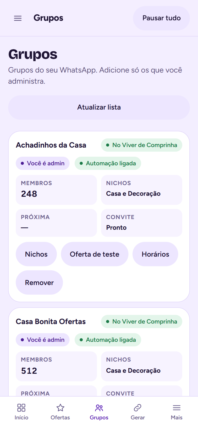 Tela Grupos com membros e próxima publicação.