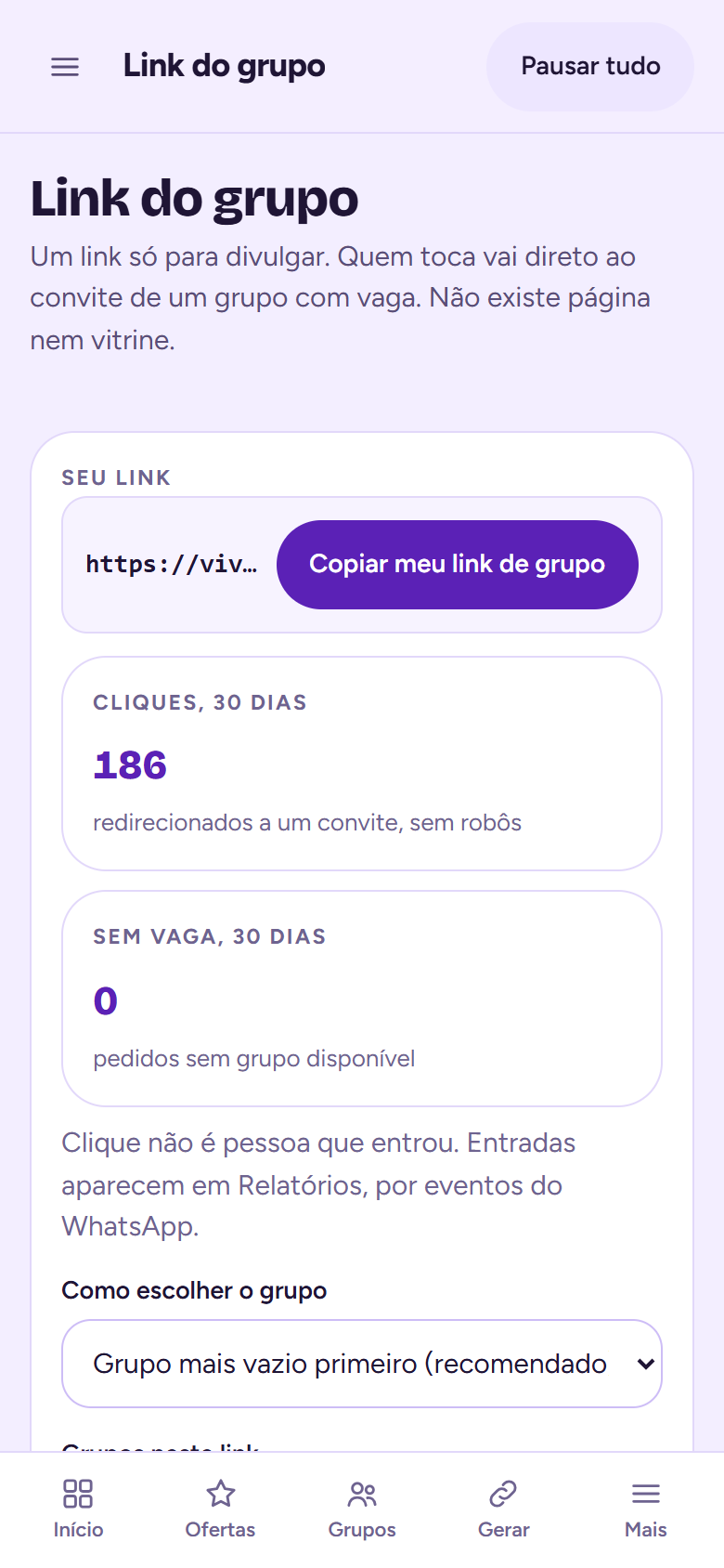 Tela Link do grupo com cliques e textos prontos.