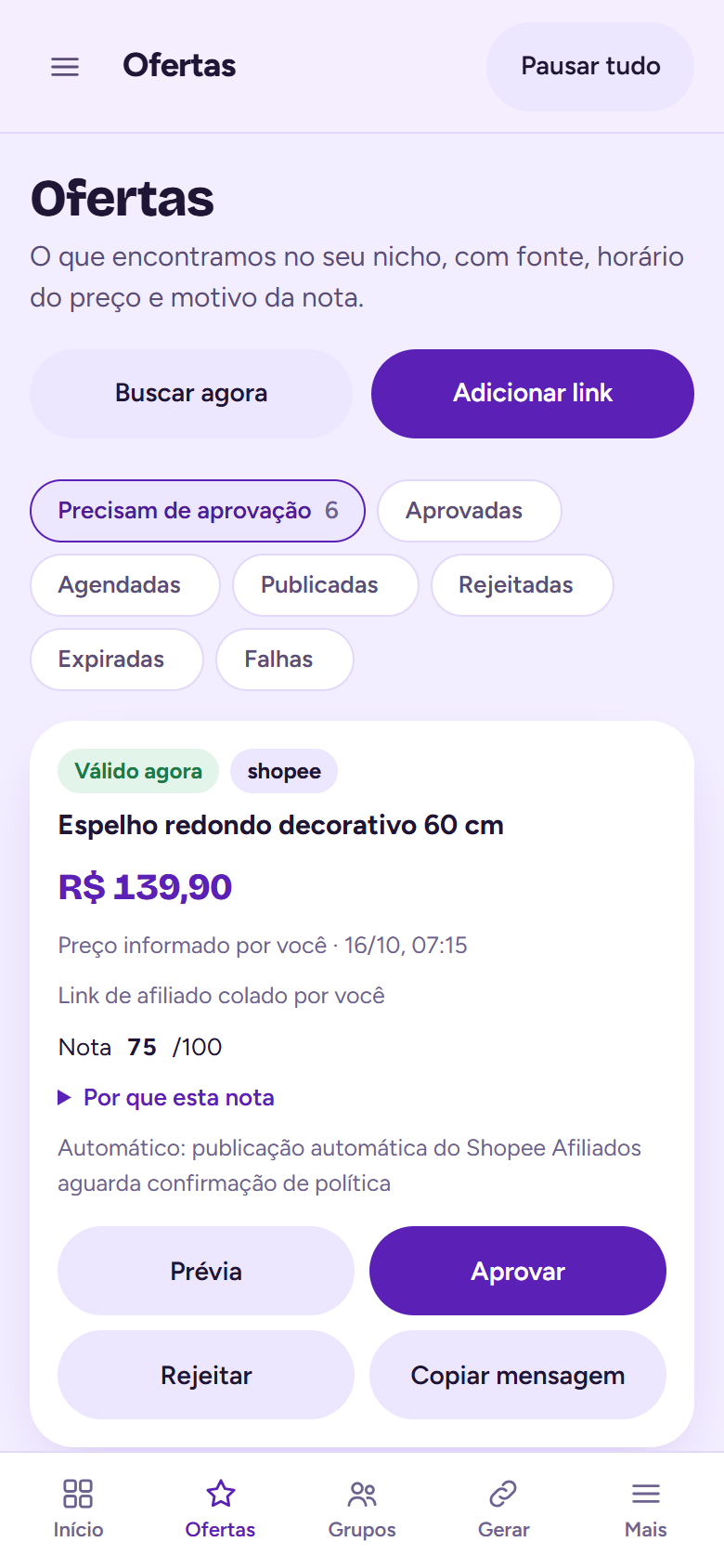 Tela Ofertas com a nota de cada oferta e o botão Por que esta nota.